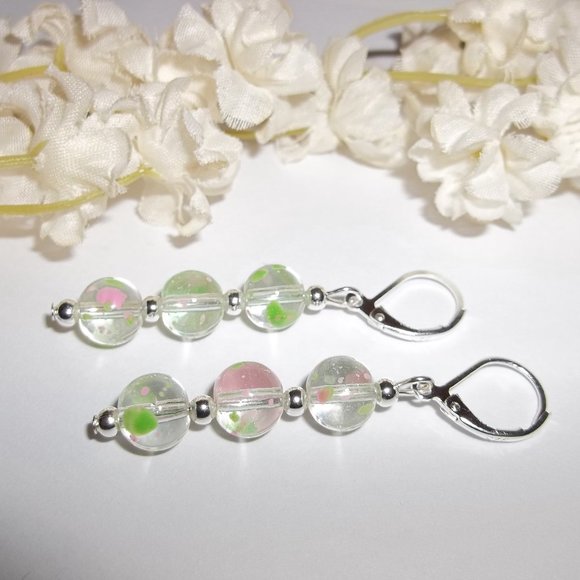 Clear Pink & Green Earring Set Handmade NWT 5146 - Picture 4 of 8
